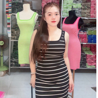 Đầm body hai dây sọc kẻ fom chữ A siêu tôn dáng
