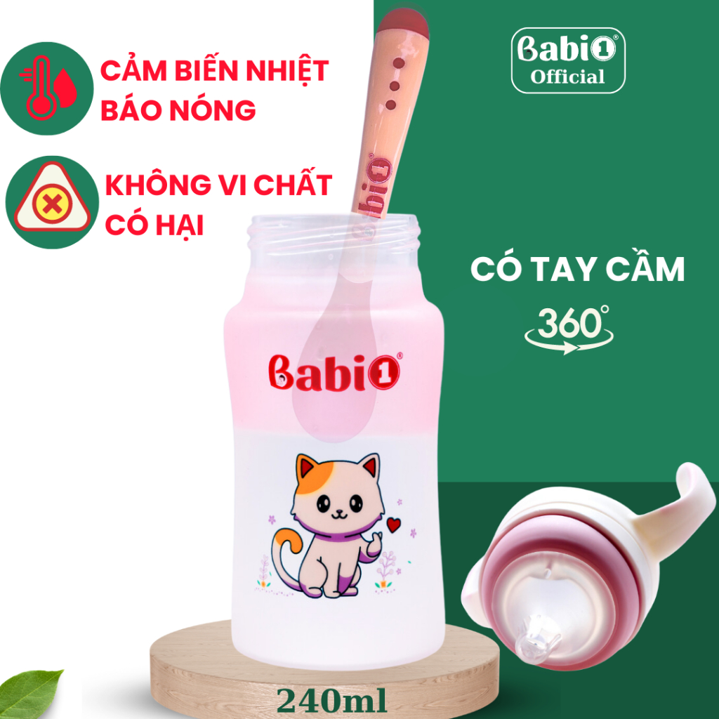 Combo Bình Sữa Thủy Tinh Babi 1 & Muỗng Thìa Cảm Biến Nhiệt Báo Nóng (60/120/180/240ml)