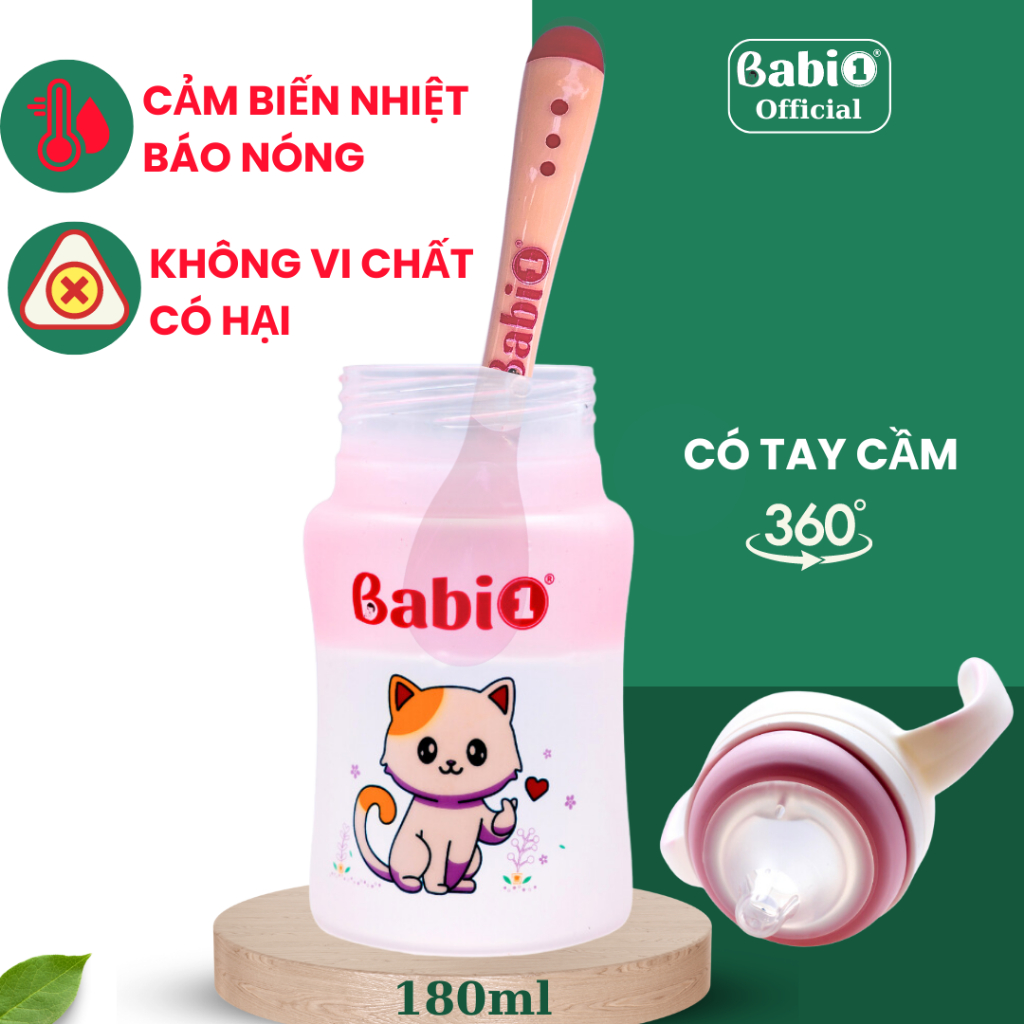 Combo Bình Sữa Thủy Tinh Babi 1 & Muỗng Thìa Cảm Biến Nhiệt Báo Nóng (60/120/180/240ml)