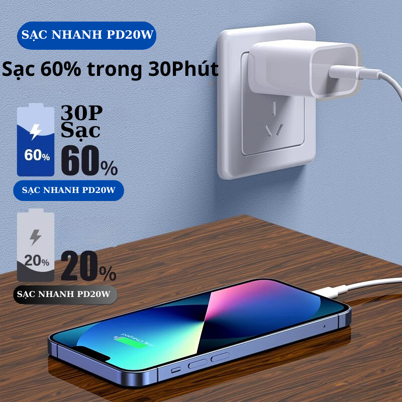 Bộ sạc nhanh PD 20W kèm Dây sạc nhanh Type-C không nóng máy, an toàn ổn định