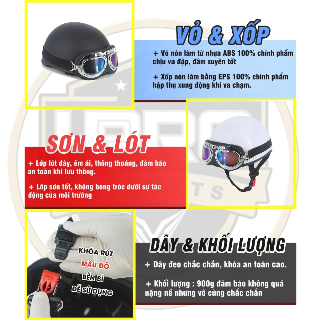 Ảnh Mũ bảo hiểm nửa đầu Hpro Helmets nhiều màu sắc thời trang, cá tính, kèm kính UV, phi công, Freesize (55-59cm) 3