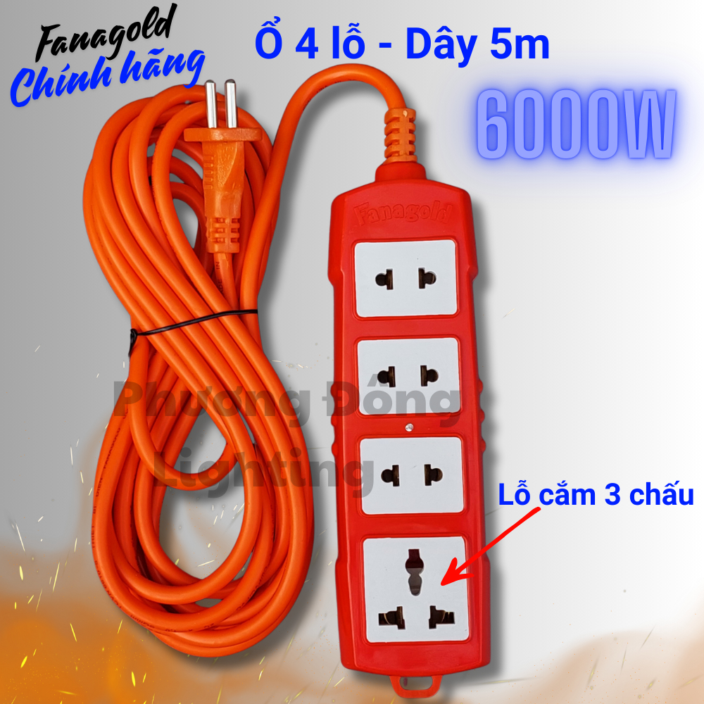 Ổ cắm 4 lỗ Có dây Chịu tải cao 6000W - Ổ cắm dùng cho thiết bị có công suất lớn - Thương hiệu Fanagold