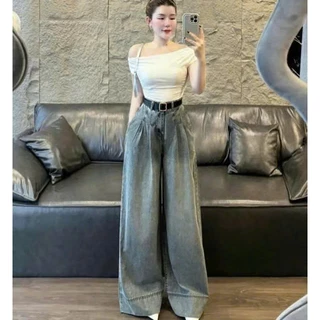 Quần Bò Jeans Nữ Ống Rộng Suông Trơn Màu Xanh Gấp Gấu Bản To Cạp Cao Siêu Hách Dáng Cực Đỉnh - Women, Ong Lưng Cao