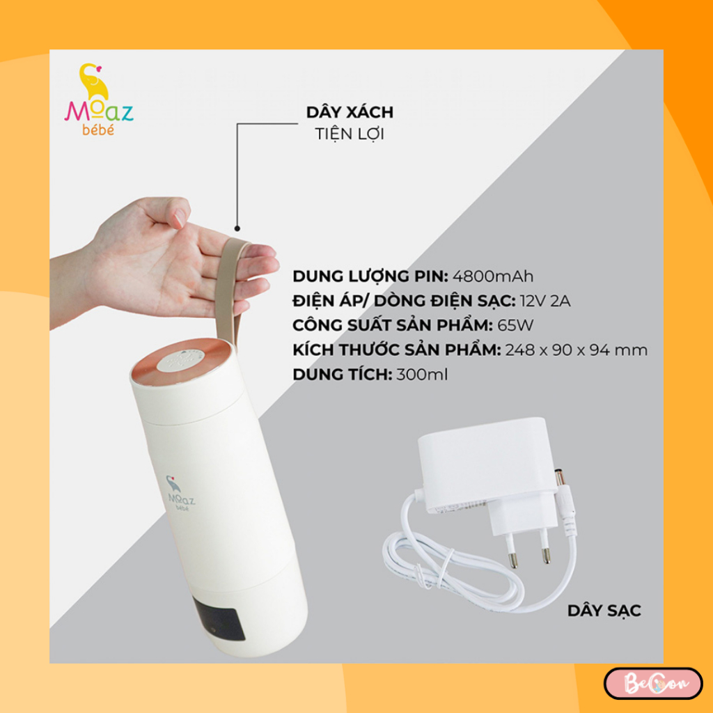 Bình đun nước pha sữa di động Moaz BéBé MB058 giữ nhiệt từ 40-80 độ có pin tích điện, thể tích 300ML