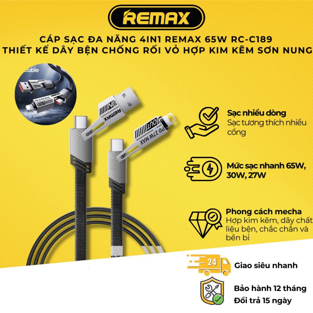 Cáp sạc đa năng 4in1 sạc tương thích nhiều cổng REMAX 65W RC-C189 thiết ...
