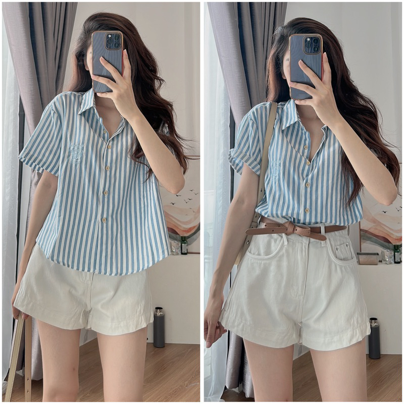Áo sơ mi nữ kẻ sọc tay ngắn kẻ sọc chất liệu cao cấp Jumito, áo áo croptop phong cách trẻ trung năng động D1599