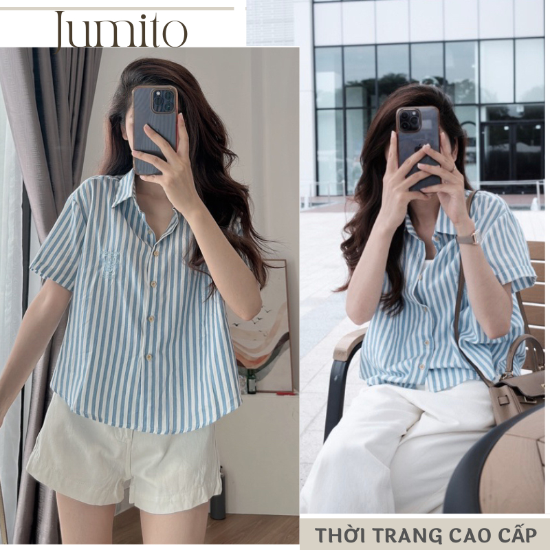 Áo sơ mi nữ kẻ sọc tay ngắn kẻ sọc chất liệu cao cấp Jumito, áo áo croptop phong cách trẻ trung năng động D1599