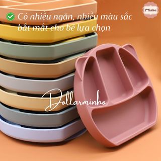 Khay ăn dặm 4 ngăn hình tai gấu có đế hít chống đổ làm từ silicone thực phẩm cao cấp có chứng nhận free BPA