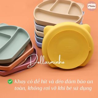 Khay ăn dặm 4 ngăn hình tai gấu có đế hít chống đổ làm từ silicone thực phẩm cao cấp có chứng nhận free BPA