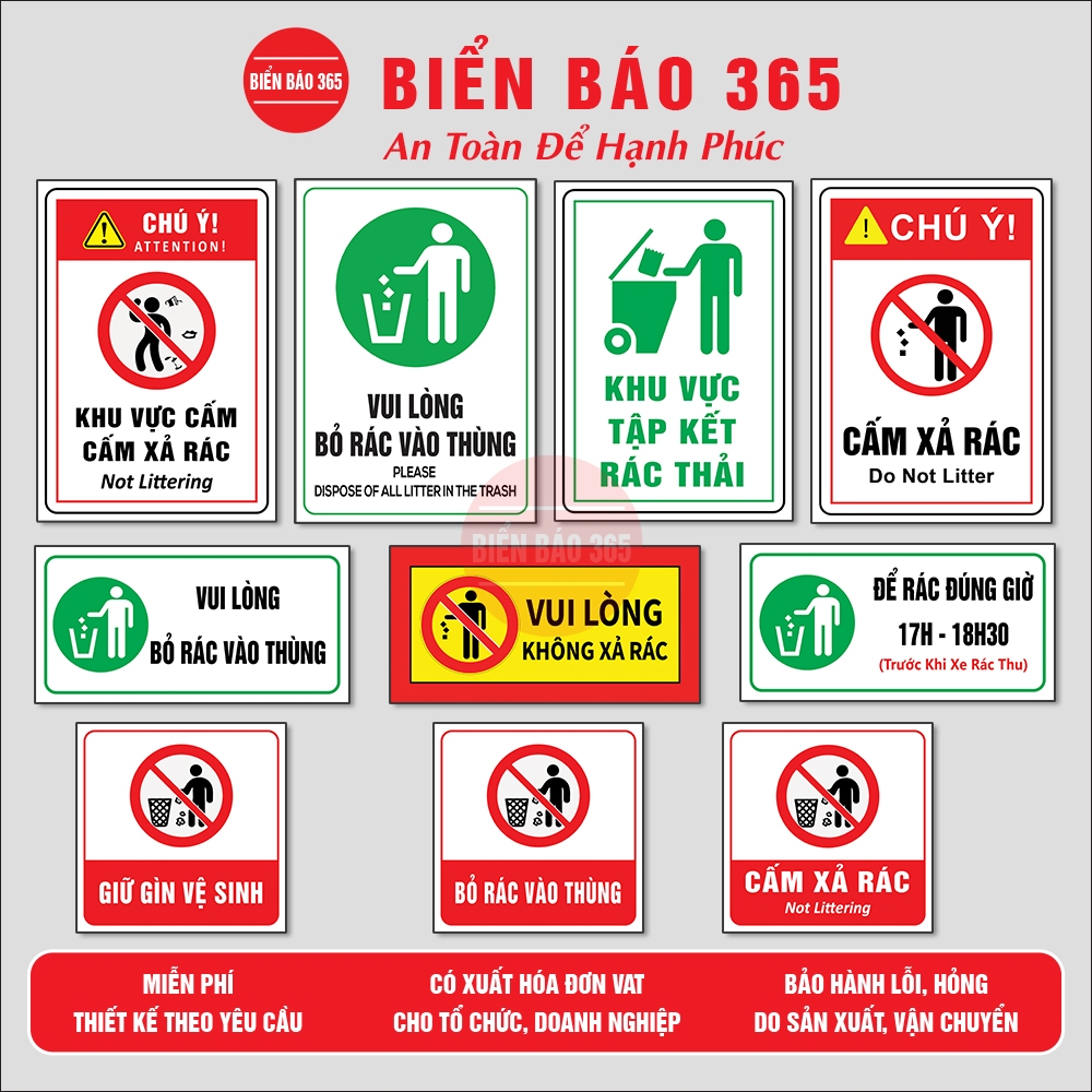 Biển báo cấm đổ rác, biển báo bỏ rác vào thùng, biển khu vực tập kết ...