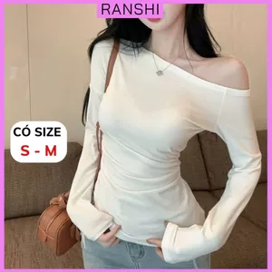 Áo Lệch Vai Dài Tay RANSHI Thiết Kế Nhún Eo Ôm Body Sexy Thu Hút Chất Thun Gân Dày Dặn