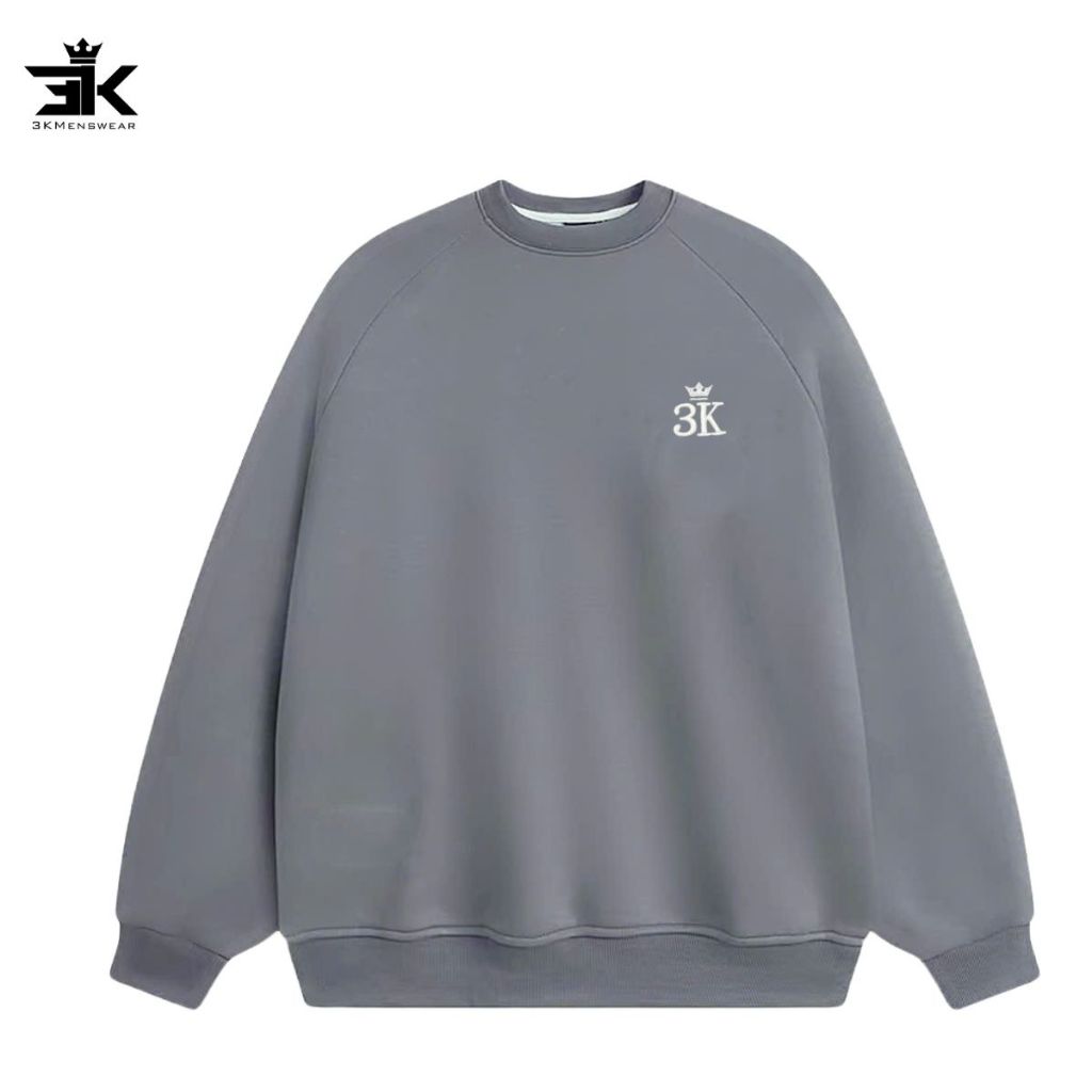 Áo sweater 3KMEN nỉ lót lông, áo dài tay unisex nam nữ trơn thêu có chữ bo tay cổ form 45-85kg