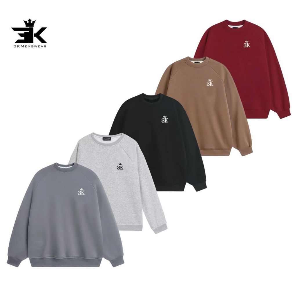 Áo sweater 3KMEN nỉ lót lông, áo dài tay unisex nam nữ trơn thêu có chữ bo tay cổ form 45-85kg