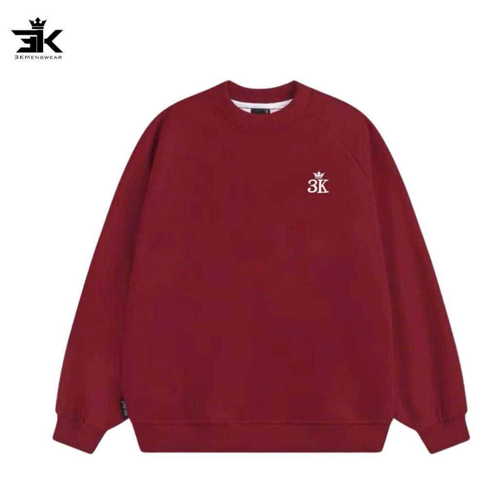 Áo sweater 3KMEN nỉ lót lông, áo dài tay unisex nam nữ trơn thêu có chữ bo tay cổ form 45-85kg