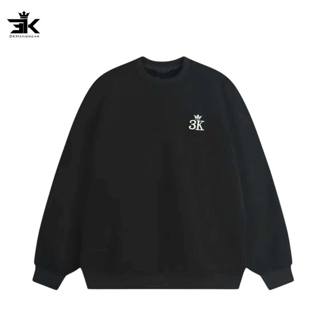 Áo sweater 3KMEN nỉ lót lông, áo dài tay unisex nam nữ trơn thêu có chữ bo tay cổ form 45-85kg
