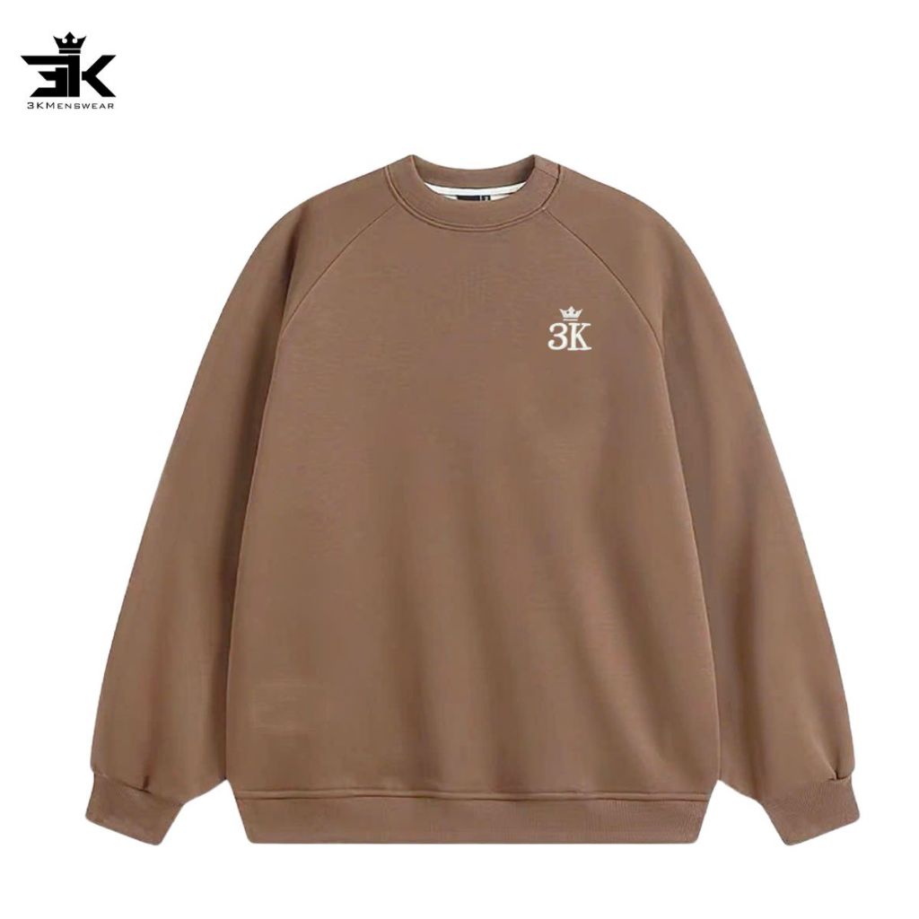 Áo sweater 3KMEN nỉ lót lông, áo dài tay unisex nam nữ trơn thêu có chữ bo tay cổ form 45-85kg