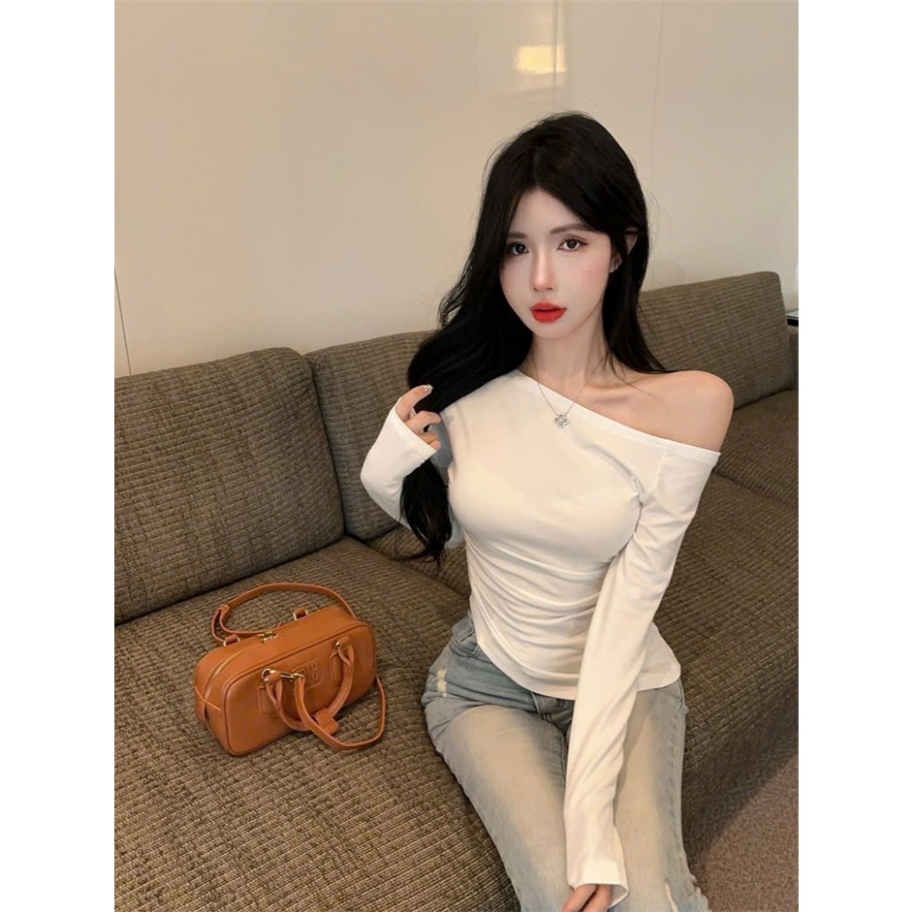 [CÓ SIZE] Áo Lệch Vai Dài Tay RANSHI Thiết Kế Nhún Eo Ôm Body Sexy Thu Hút Chất Thun Gân Dày Dặn