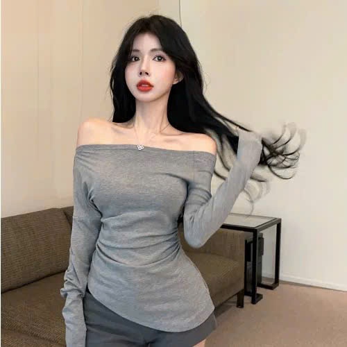 [CÓ SIZE] Áo Lệch Vai Dài Tay RANSHI Thiết Kế Nhún Eo Ôm Body Sexy Thu Hút Chất Thun Gân Dày Dặn