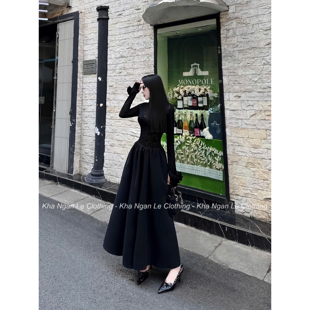 Đầm váy ren tay dài cổ tròn đính hoa mix chân váy dáng dài, Váy nữ dự tiệc dáng dài chiết eo phối chân váy xoè hai màu