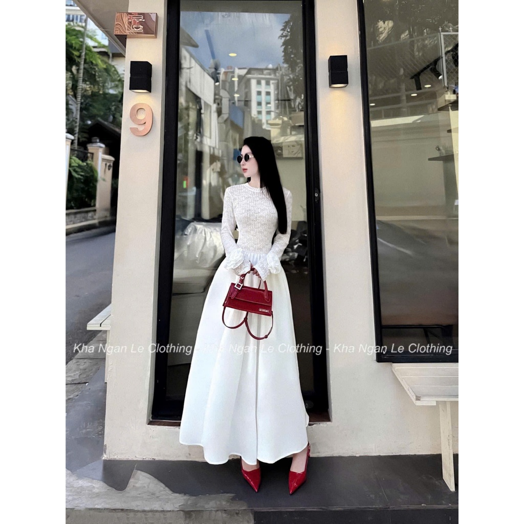 Đầm váy ren tay dài cổ tròn đính hoa mix chân váy dáng dài, Váy nữ dự tiệc dáng dài chiết eo phối chân váy xoè hai màu