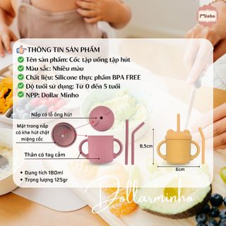 <Tổng hợp> Cốc silicon tập hút tập uống an toàn cho bé Dollar Minho ( có kèm 2 ống hút)