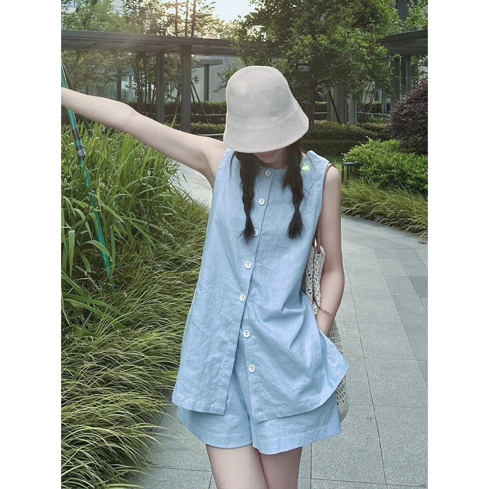 Set Đồ Bộ Nữ Linda Áo Sát Nách Kèm Quần Short Cap Chun, Set Bộ Nữ Vải Linen Cao Cấp Charmy Design