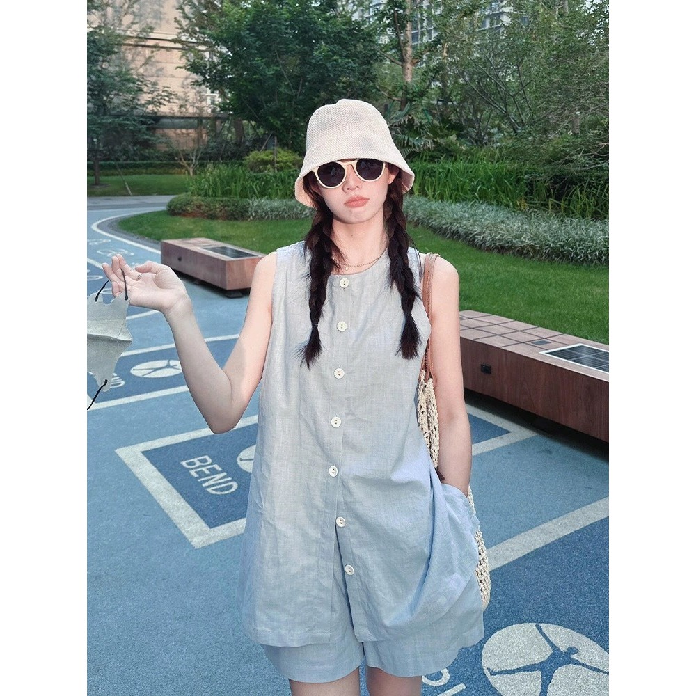 Set Đồ Bộ Nữ Linda Áo Sát Nách Kèm Quần Short Cap Chun, Set Bộ Nữ Vải Linen Cao Cấp Charmy Design