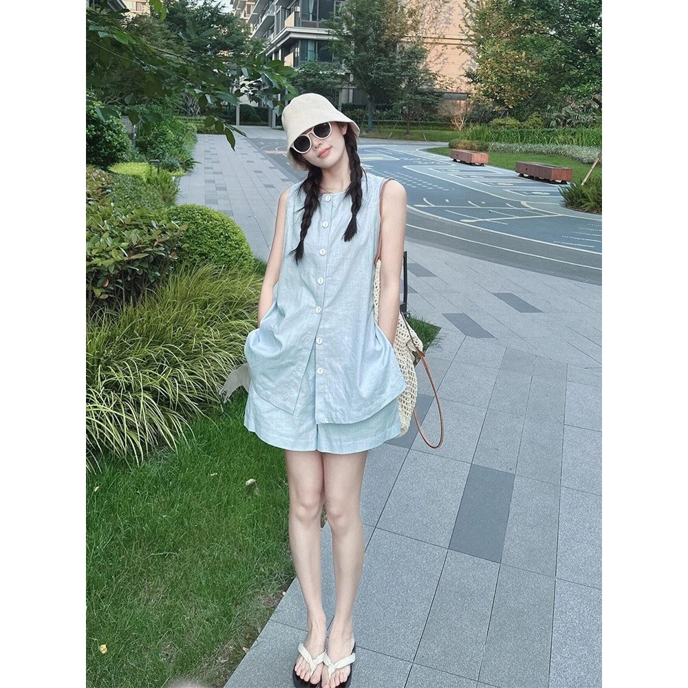 Set Đồ Bộ Nữ Linda Áo Sát Nách Kèm Quần Short Cap Chun, Set Bộ Nữ Vải Linen Cao Cấp Charmy Design