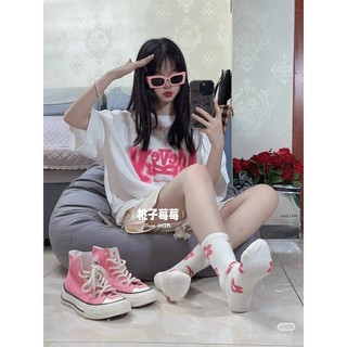 Set 5 Đôi Tất Tăm Gân Cao Cổ Phối Họa Tiết Tim Hồng Cherry Dễ Thương tt59.
