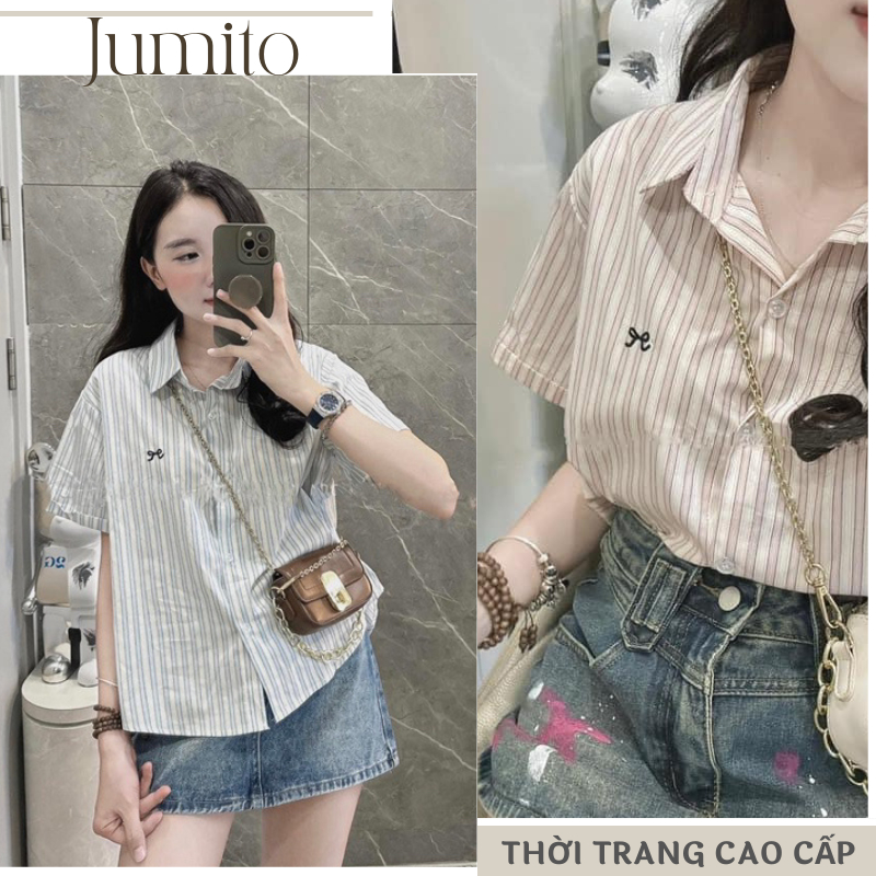 Áo sơ mi nữ ngắn tay kẻ sọc chất liệu cao cấp thoáng mát mặc mùa hè Jumito, áo croptop họa tiết nơ dễ thương HCOM2677