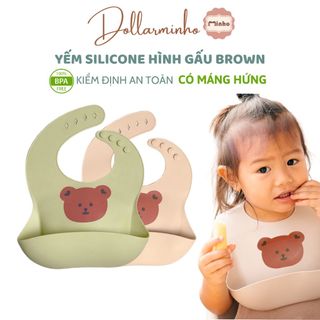 Yếm silicone hình gấu brown nhiều màu có máng hứng rộng cho bé ăn dặm