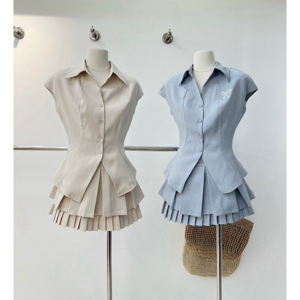 Set đồ nữ áo sơ mi ngắn tay 2 màu xanh be mix chân váy 2 tầng hot trend 2024 Jumito, đồ bộ nữ style dễ thương HCOM2625