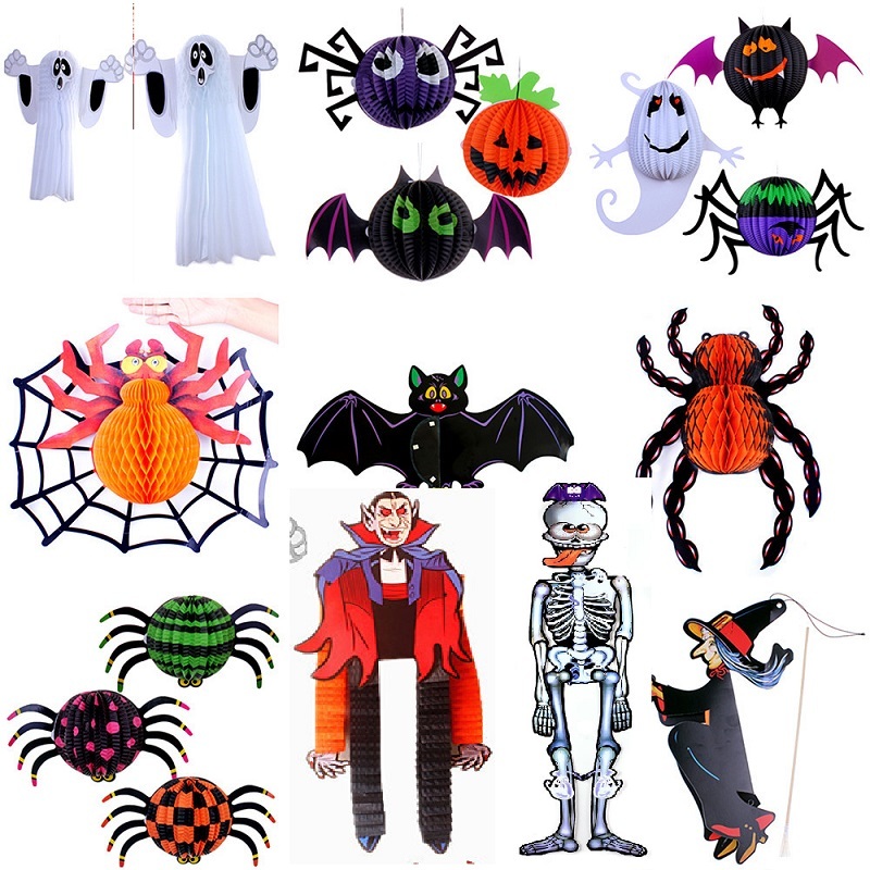 Đèn lồng giấy xếp Dây treo trang trí halloween hình phù thủy, con dơi, ma treo