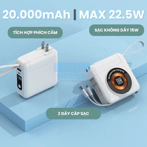Pin sạc dự phòng có phích cắm AC kèm 2 dây cáp và sạc không dây 15W dung lượng 20.000mAh