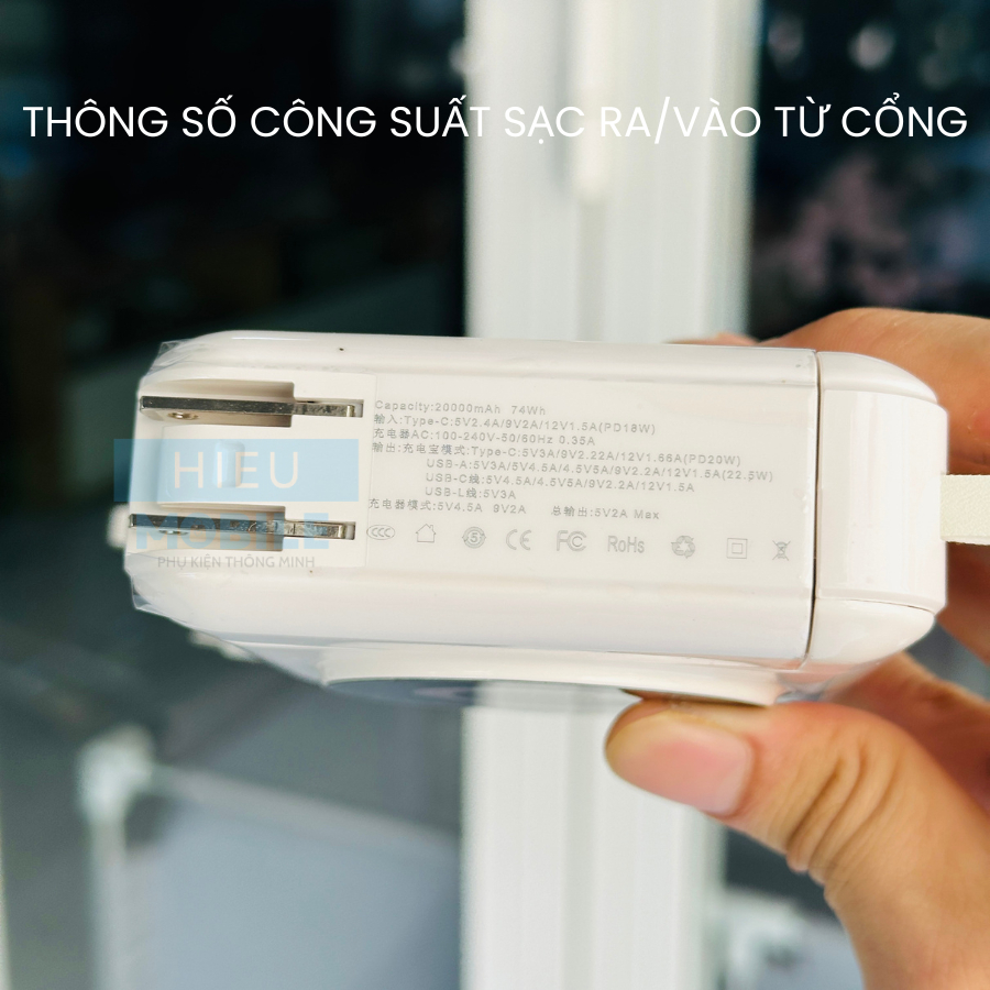 Pin sạc dự phòng có phích cắm AC kèm 2 dây cáp và sạc không dây 15W dung lượng 20.000mAh