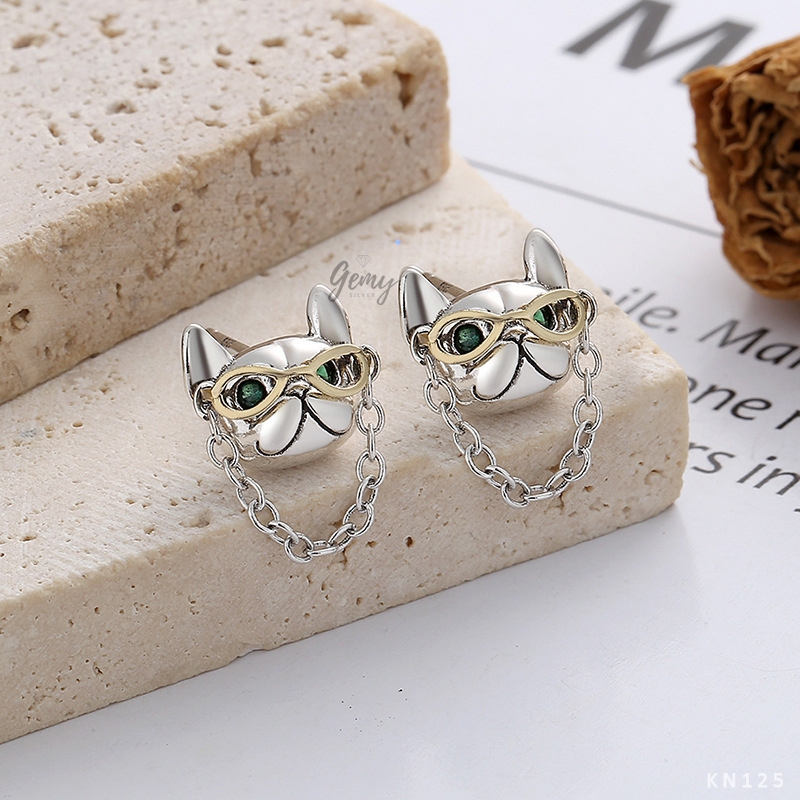 Khuyên tai tròn nam bạc 925 thiết kế hình mặt mèo đeo mắt xích Hiphop Boss Cat (1 chiếc) | GEMY SILVER KN125
