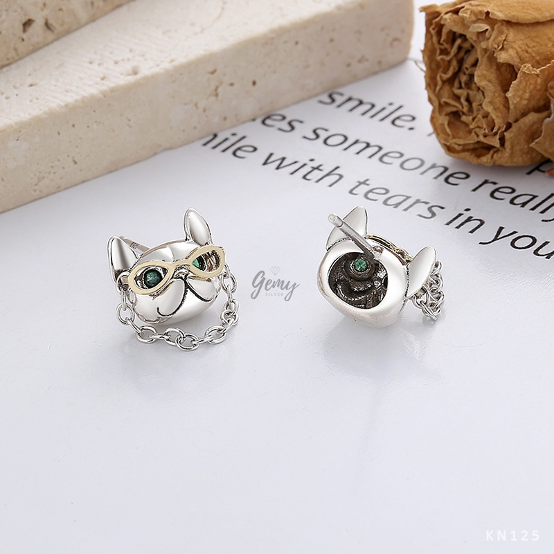 Khuyên tai tròn nam bạc 925 thiết kế hình mặt mèo đeo mắt xích Hiphop Boss Cat (1 chiếc) | GEMY SILVER KN125