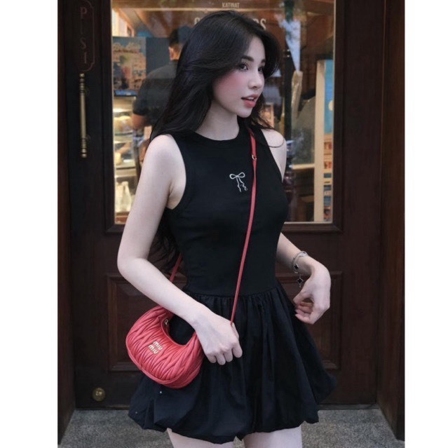 Váy nữ xòe dáng ngắn không tay phong cách bánh bèo dễ thương Jumito, đầm nữ xòe họa tiết nơ thanh lịch 2 màu HCOM2535