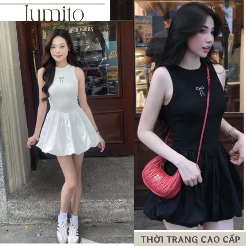 Váy nữ xòe dáng ngắn không tay phong cách bánh bèo dễ thương Jumito, đầm nữ xòe họa tiết nơ thanh lịch 2 màu HCOM2535