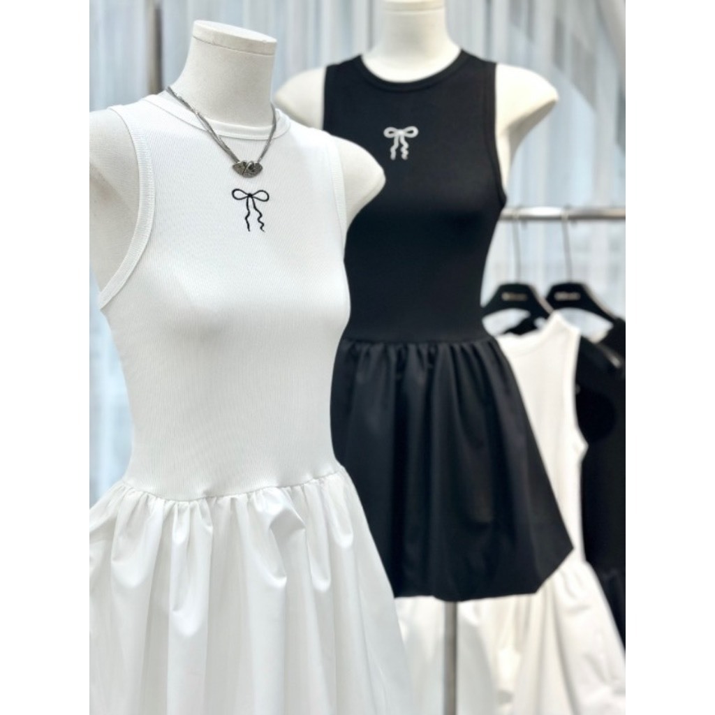 Váy nữ xòe dáng ngắn không tay phong cách bánh bèo dễ thương Jumito, đầm nữ xòe họa tiết nơ thanh lịch 2 màu HCOM2535