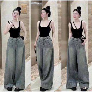 Quần jeans ống rộng nữ Chiết ly Gấu to bụi màu xanh cá tính - Phong cách Ulzzang Hàn Quốc - Women