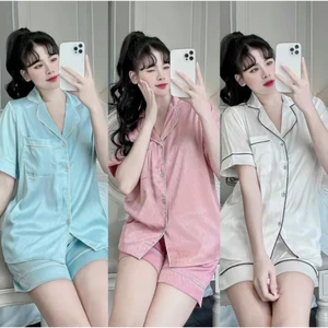 Bộ Đồ Ngủ Nữ JUSOKA Pijama Lụa Gấm Xước Ánh Kim Ngắn Tay Mặc Nhà Dễ Thương Cao Cấp CC126