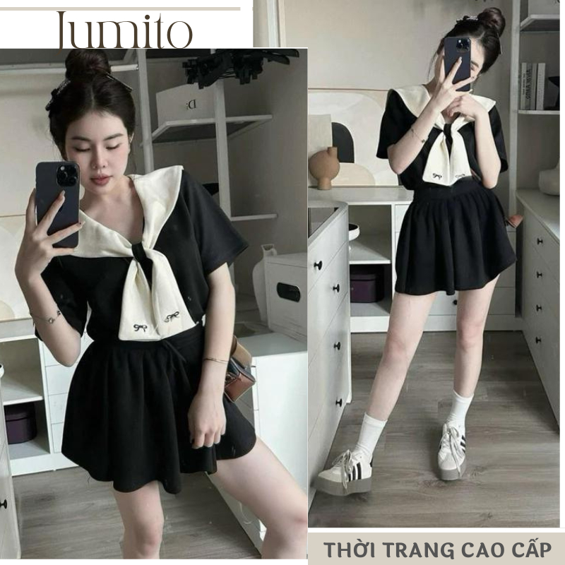 Set đồ nữ áo cổ thủy thủ màu đen mix chân váy dáng xòe Jumito, đồ bộ nữ phong các dễ thương trẻ trung năng động HCOM2624