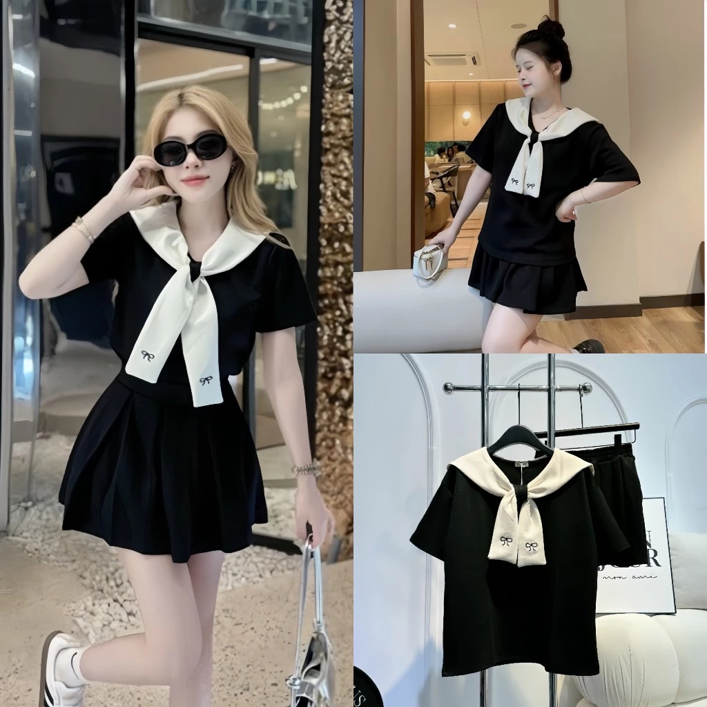 Set đồ nữ áo cổ thủy thủ màu đen mix chân váy dáng xòe Jumito, đồ bộ nữ phong các dễ thương trẻ trung năng động HCOM2624