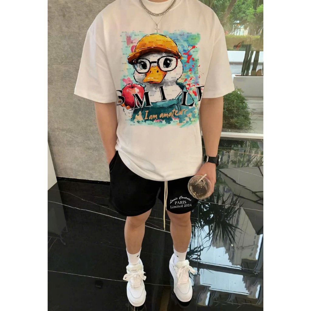 Bộ Phông Hè Thể Thao Cổ Tròn Phối Họa Tiết Vịt Đeo Kính Sành Điệu, Chất Liệu Cotton Mềm Mịn Thấm Hút Mồ Hôi Cực Tốt