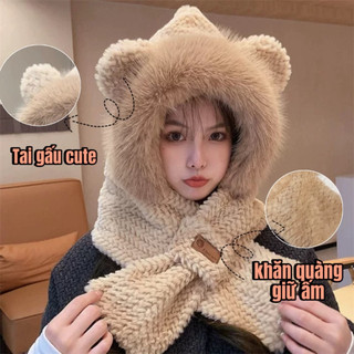 Mũ Len Lông Cừu Tai Gấu Kèm Khăn Thời Trang Cho Mùa Thu Đông Dễ Thương m6