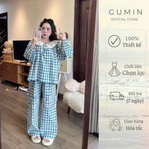 Set bộ kẻ xanh GUMIN thiết kế phối cổ ren bèo bo chun tay kèm quần suông ống rộng cao cấp