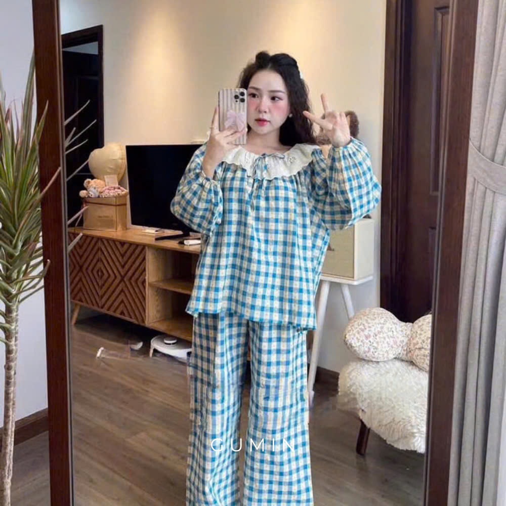 Set bộ kẻ xanh GUMIN thiết kế phối cổ ren bèo bo chun tay kèm quần suông ống rộng cao cấp