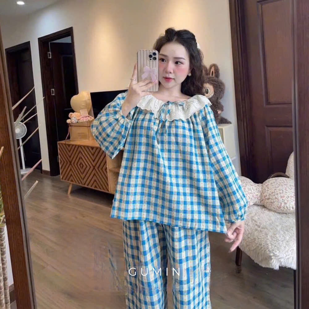 Set bộ kẻ xanh GUMIN thiết kế phối cổ ren bèo bo chun tay kèm quần suông ống rộng cao cấp