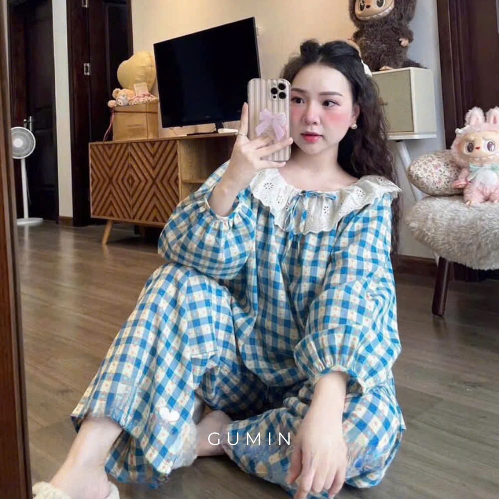 Set bộ kẻ xanh GUMIN thiết kế phối cổ ren bèo bo chun tay kèm quần suông ống rộng cao cấp